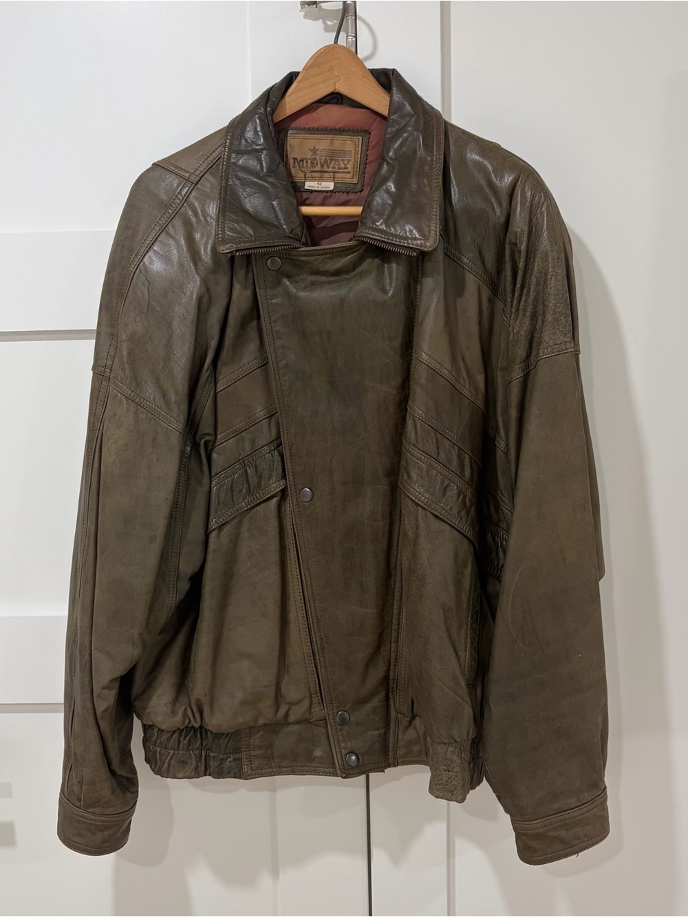 Vintage Midway Brown Genuine Leather Bomber Moto Jacket Size 42 Made in Korea